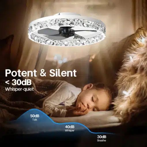 LED valgustusega ventilaator lakke magamistoa lakke paigaldatud, pakkudes õrna valgust ja vaikset jahutust. Pilt näitab last, kes magab rahulikult pehme valguse ja ventilaatori vaikse töö saatel.
