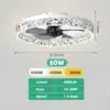 LED valgustusega ventilaator lakke, hõbedane disain, läbimõõt 50 cm ja kõrgus 14 cm, ümbritsetud kristallidega, energiatarbimine 60W, värvitemperatuurid 6500K, 4500K, 3000K, valgusvõimsus 4800 lumeni, katab ala 10-20 m², kiiruse reguleerimine 1-6 tasemel.