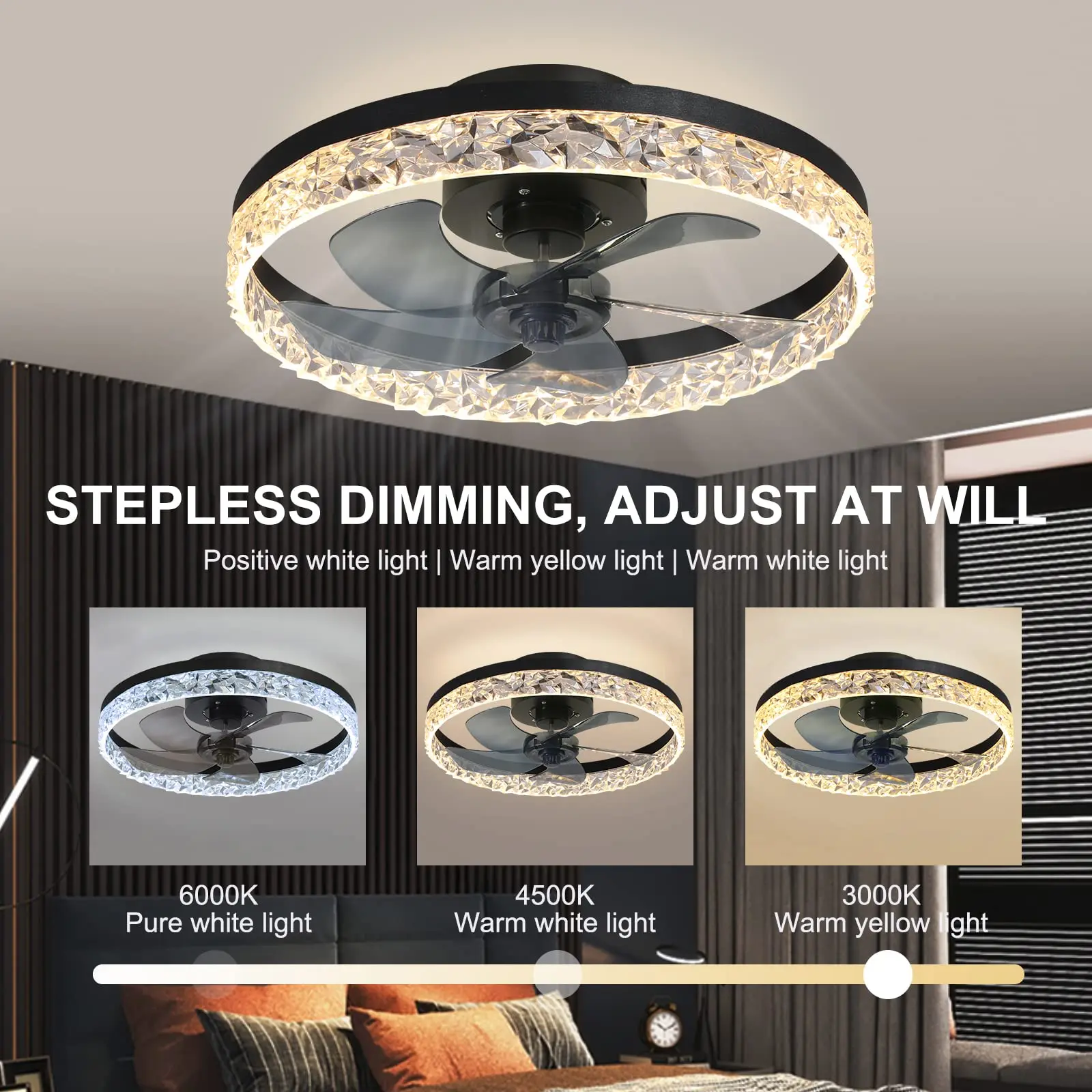 LED valgustusega ventilaator lakke, musta värvi, kroomitud servadega, neli labasid, moderne disain, reguleeritav valgustus, kaasaegne magamistoa interjöör.