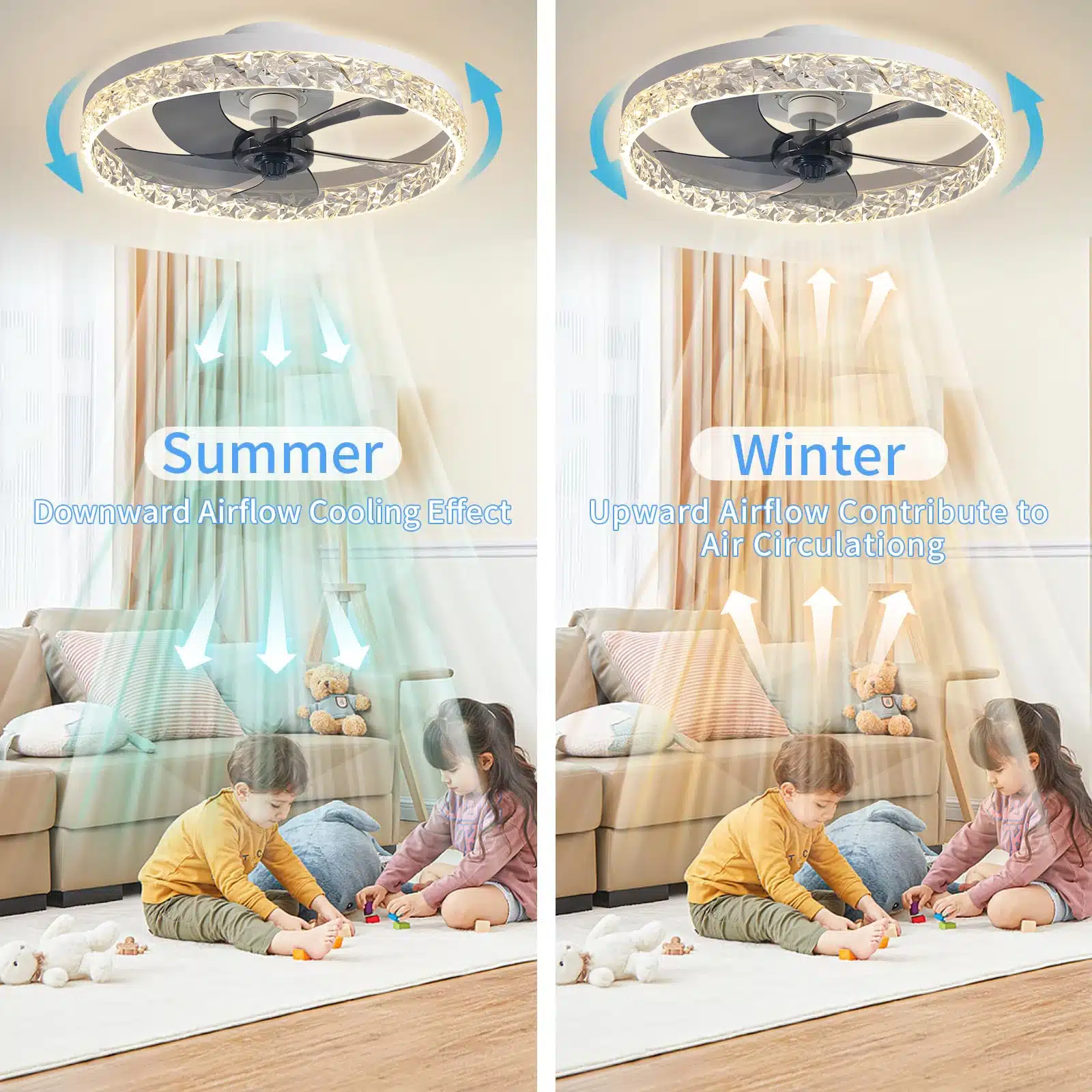 LED valgustusega ventilaator lakke elutoas, näidates suvist ja talvist õhuvoolu, mängivad lapsed beežil vaibal. Ventilaatoril on mustad labad ja kristallidega kaunistatud raam, heledas toas.