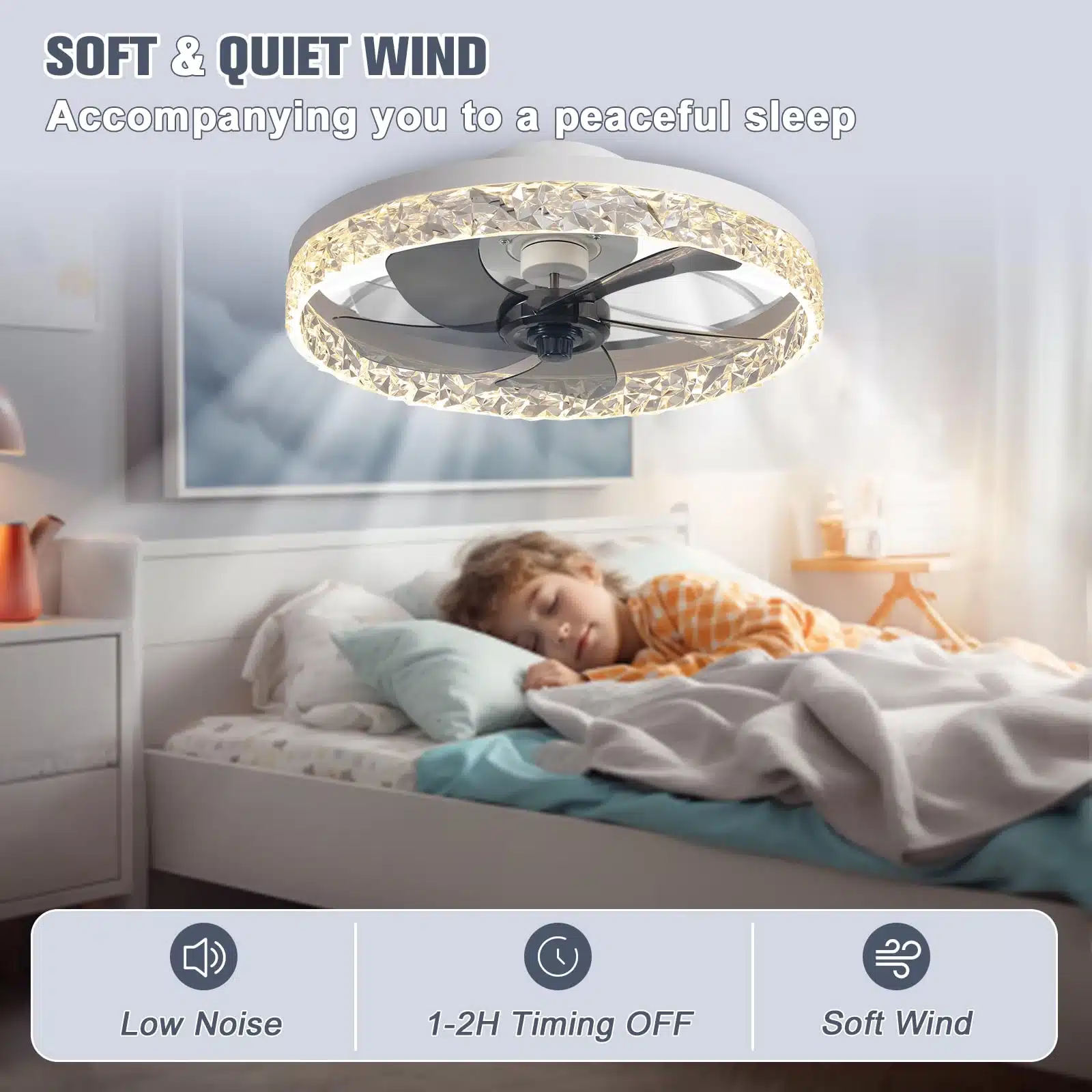 LED valgustusega ventilaator lakke, säravate LED tuledega ja vaikse režiimiga, paigaldatud magamistoa lakke. Laps magab rahulikult voodis, ventilaatori kerge tuule toel.