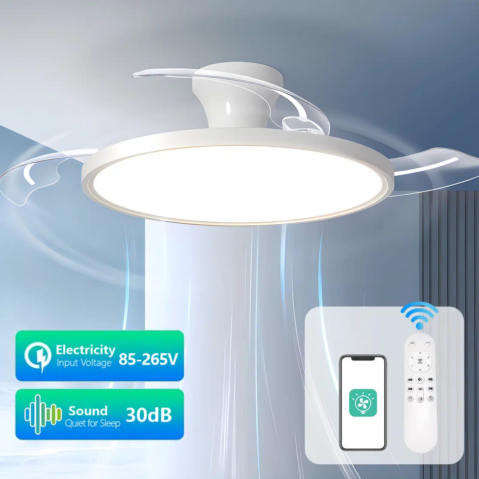 Stiilne kokkuklapitavate labadega valgusti-ventilaator valgele lakke paigaldatuna, valge LED-valgusega ja puldiga juhtimise võimalus, kaasaegses interjööris.
