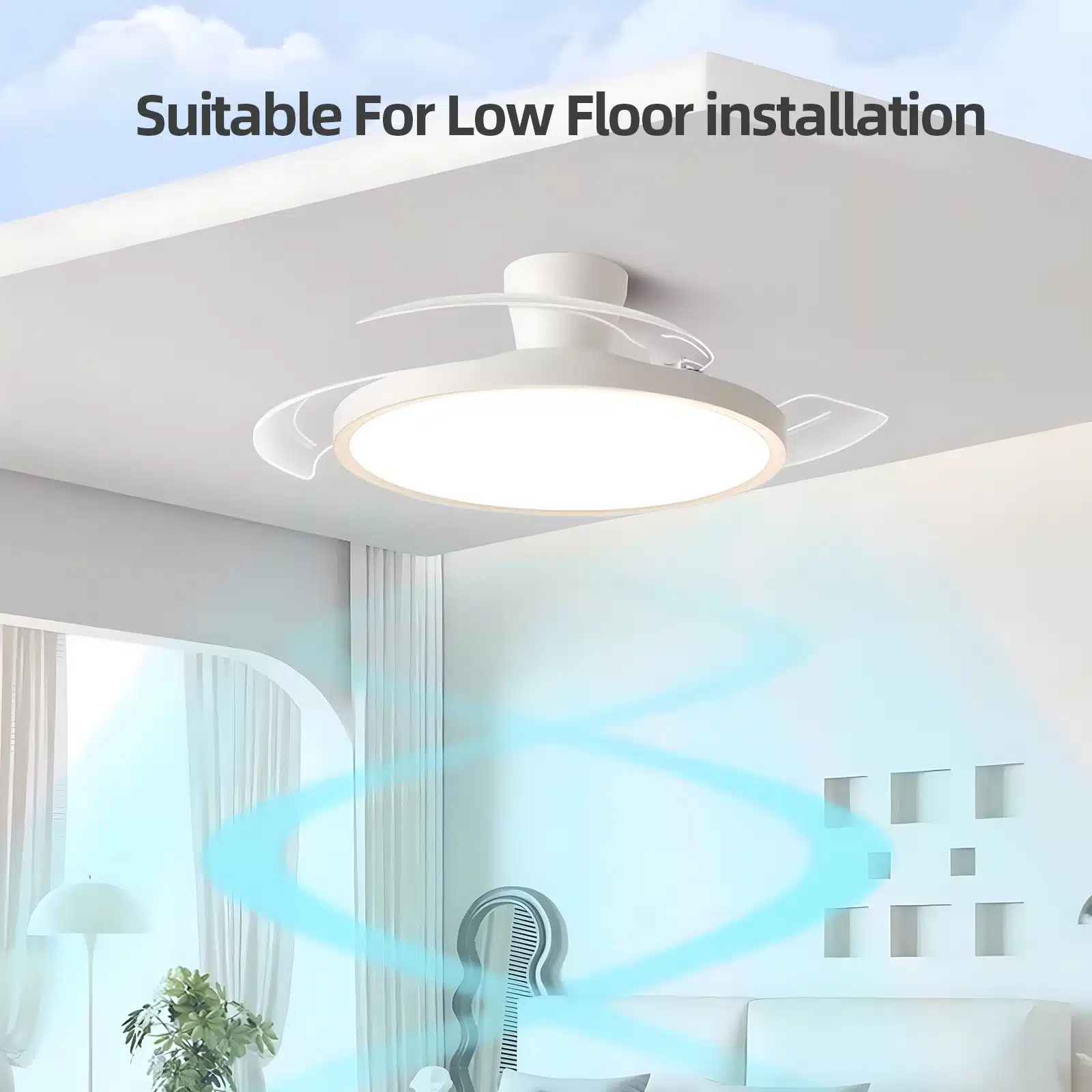 Kokkuklapitavate labadega valgusti-ventilaator, mis on paigaldatud madala laega ruumi. Valge ja elegantne disain koos LED valgustusega, mis loob kaasaegse õhkkonna.