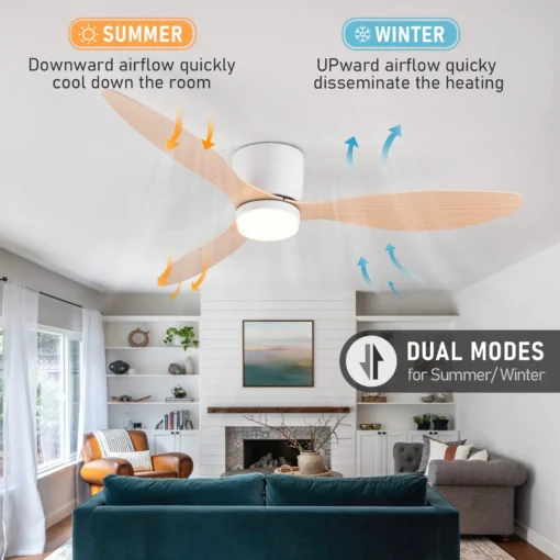 Laeventilaatorid led lambi ja puldiga | E-pood Tootemaailm Klaasist lambivarjuga laeventilaator koos puidust labadega, paigaldatud heledasse elutuppa. Ventilaatoril on LED valgustus ja pult. Suvised ja talvised seaded on märgitud noolekestega.