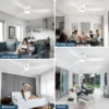 Laeventilaatorid led lambi ja puldiga | E-pood Tootemaailm Mitmesugustes koduruumides, nagu elutuba, söögituba, magamistuba ja veranda, laes asuvad valged laeventilaatorid LED-lambi ja puldiga, pakkudes stiilset ja energiasäästlikku valgustust.