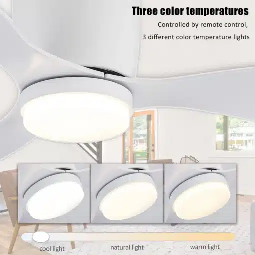 Valge laeventilaator, millel on integreeritud LED lamp ja kaugjuhtimispult. Pildil on kujutatud ventilaatori funktsioon erinevate värvustemperatuuride valikus heledas elutoas.