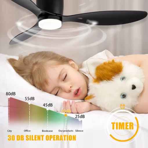 Magav laps voodis, taustal efektiivne ja stiilne must laeventilaator koos LED lambi ja puldiga, illustreerides ventilaatori vaikset töörežiimi 30 dB juures.