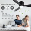 Laeventilaatorid led lambi ja puldiga | E-pood Tootemaailm Kaasaegne must laeventilaator koos LED lambi ja puldiga, paigaldatud heledale laele. Ventilaatori kõrval graafik vaikse tööga mootorist. Paar istub voodil, mees kasutab sülearvutit ja naine kuulab muusikat, atmosfäär rahulik ja õdus.