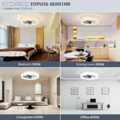 Neli erinevat tuba, mille lagedel on paigaldatud puldi ja reguleeritava valgusega laeventilaator. Magamistoas ja söögitoas on soe 3000K valgus, elutoas neutraalne 4000K ja kontoris külm 6500K valgus, luues igas toas ideaalset atmosfääri.