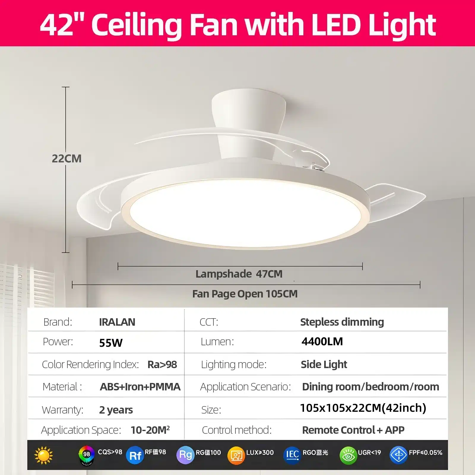 Elegantly designed ceiling fan with foldable blades, featuring integrated LED lighting, displayed in a modern room with soft lighting. The fan is in a sleek white finish, complemented by a smooth circular lampshade.
