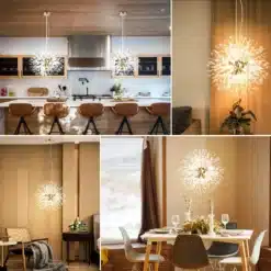 Kristalllaelamp, mis imiteerib ilutulestiku efekti, ripub stiilses ja kaasaegses interjööris. Lamp koosneb sädelevatest kristallidest, mis kiirgavad sooja valgust. Taustaks on elegantne köök ja elutuba, mis rõhutavad lambi ilu ja kaasaegsust.
