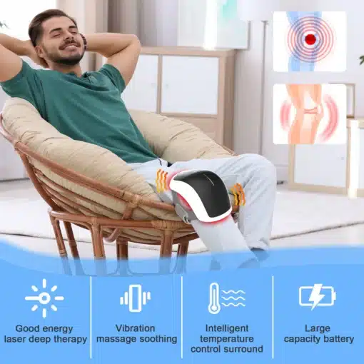 Kvaliteetne laserteraapia seade põlvevalu leevendamiseks | E-pood Tootemaailm Mees istub rõõmsalt mugaval korvtoolil, nautides kvaliteetset laserteraapia seadet põlvevalu leevendamiseks, mis asub tema põlvel. Seade on musta ja valget värvi ning toas paistab valge taust.