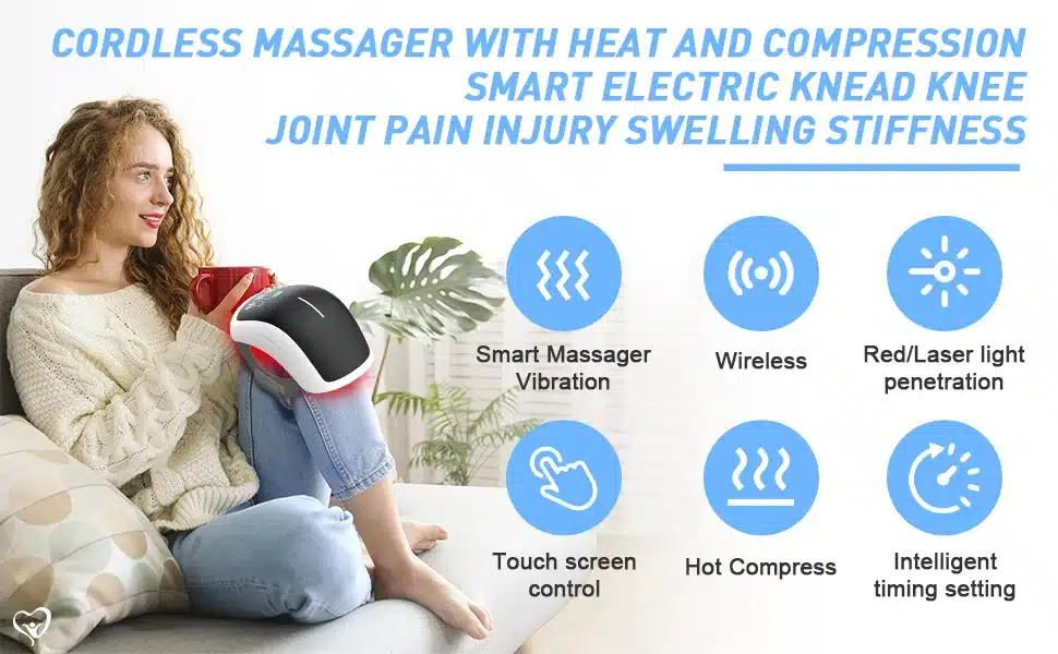 Naine istub diivanil ja kasutab kvaliteetset laserteraapia seadet põlvevalu leevendamiseks. Seade on must ja valge, materjal on tugev, taustal on taimed ja toas täisvalguse atmosfäär.