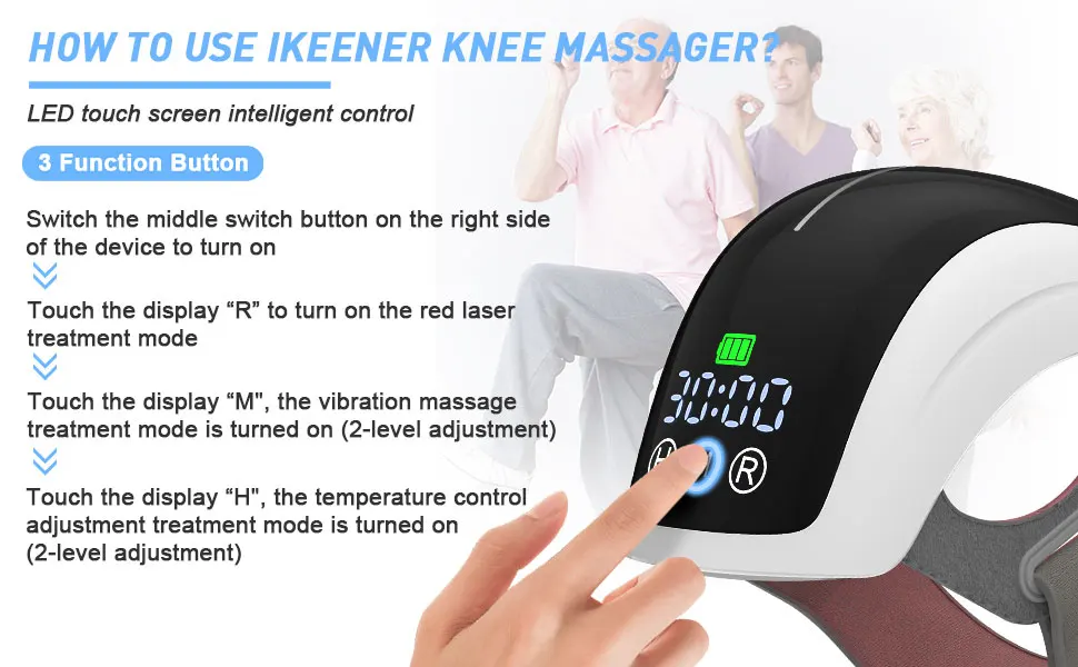 Kvaliteetne laserteraapia seade põlvevalu leevendamiseks, millel on must ja valge viimistlus ning LED-puuteekraan, mida kasutanud käsi seadistab erinevate režiimidega. Taustal õnnelikud inimesed istumas.
