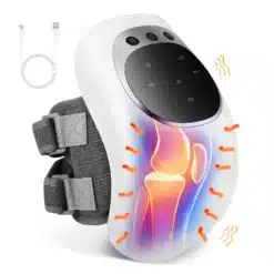 Valge teraapiaseade hallide kinnitustega, millel on ekraan ja joonis põlve kontuuriga. Seade on mõeldud liigeste probleemidele leevendust pakkuma ning see on kujutatud koos USB juhtmega.