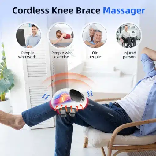 Kvaliteetne teraapiaseade liigeste probleemidele | E-pood Tootemaailm Mees istub mugavas toolis ja kasutab Kvaliteetset teraapiaseadet liigeste probleemidele. Seade on kinnitatud tema põlvele, eraldades soojuse ja vibratsiooni laineid minimalistlikus elutoas, valge tausta ees.