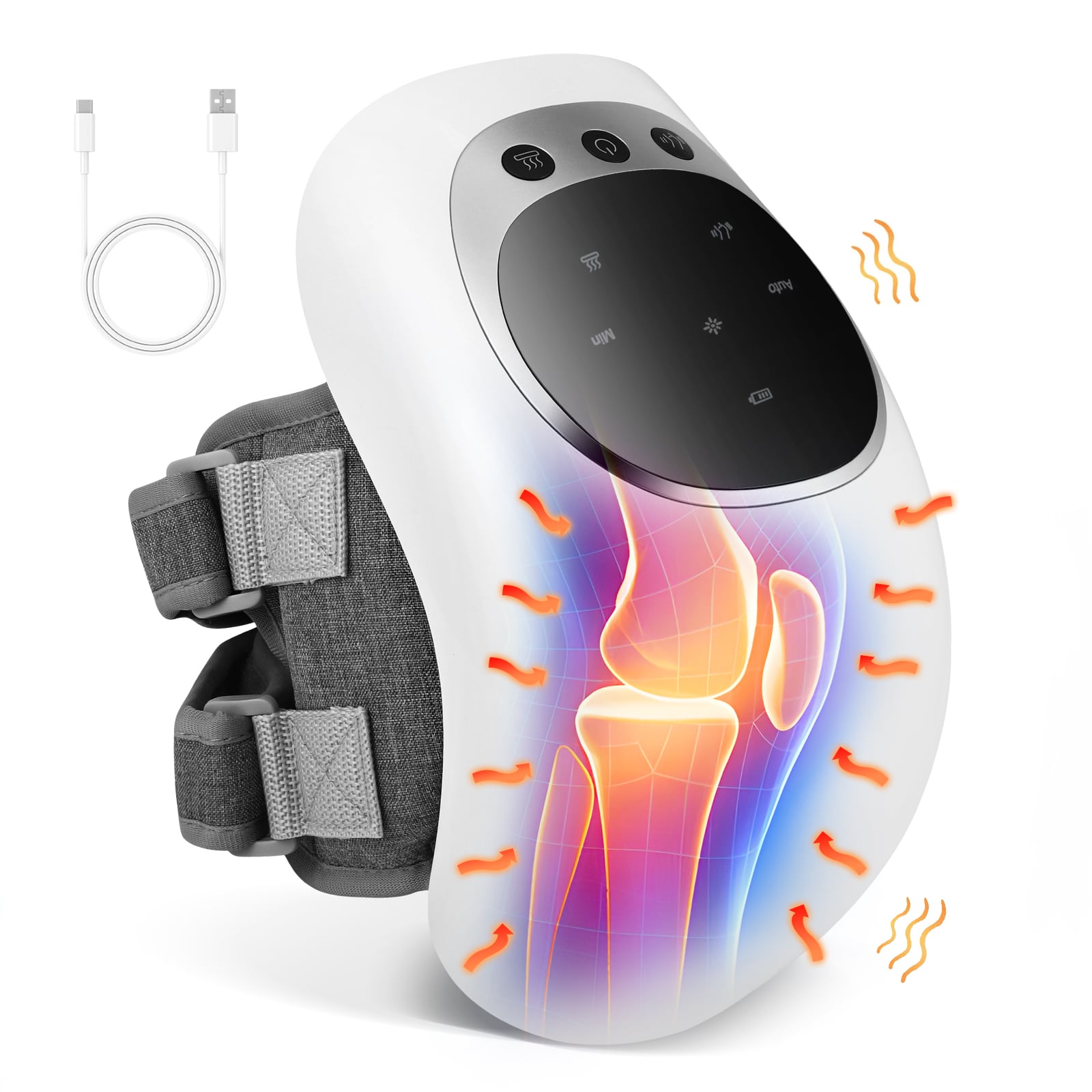 Valge ja halli värvusega kvaliteetne teraapiaseade liigeste probleemidele, millel on digitaalsed juhtnupud ja soojendusfunktsioon. Seade on paigaldatud hallile rihmale, sobiv kasutamiseks erinevatel kehapiirkondadel. Juhtmevaba laadija kaabel kaasas.