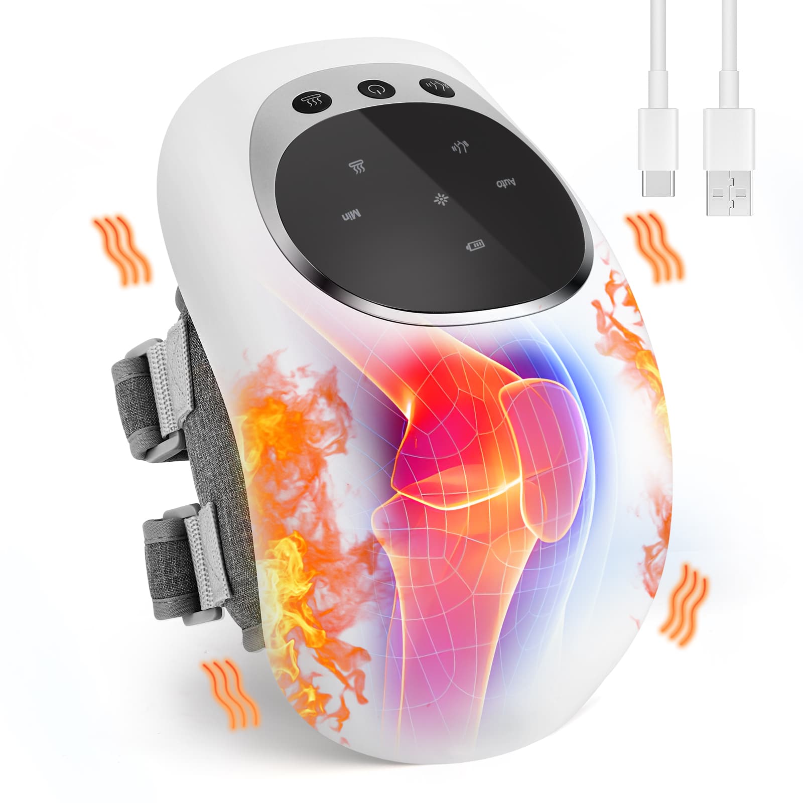 Kvaliteetne teraapiaseade liigeste probleemidele, valge kestaga, must juhtpaneel, halli värvi rihmad. Taustal nähtavad soojuse punased ja oranžid toonid.