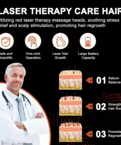 Infograafika, mis kirjeldab efektiivset laserteraapia kammi kasutamist juuksekasvu suurendamiseks, sisaldades ohutuse ja teaduslikkuse ikooni, ühe nupuvajutusega töö põhimõtet, laseriga stimuleeritud juuste kasvu ning suurt aku mahtu. Alumisel osal kolm pilti peanaha erinevatest etappidest juuksekasvu protsessis.