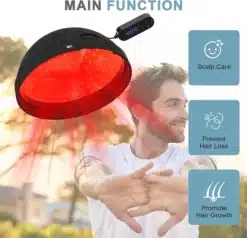 Mees kasutab Kvaliteetne LLLT teraapiaseadet kiilanemise vastu, mille punane LED-valgus keskendub peanahale. Seade on musta värvi ja selle taustal paistab roheline loodus. Ekraanil on number '40:00'.