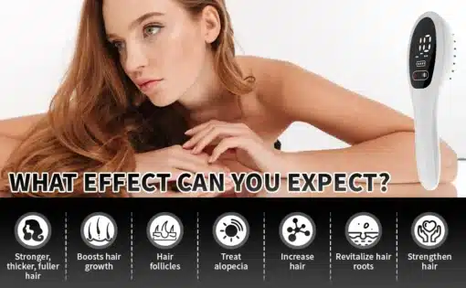 Efektiivne laserteraapia kamm juuksekasvu suurendamiseks | E-pood Tootemaailm Efektiivne laserteraapia kamm juuksekasvu suurendamiseks valgel taustal. Kamm on käepärane ja ergonoomilise disainiga, sellel on digitaalne ekraan ja nupud kasutamise mugavuseks. Pildi esiplaanil on naine, kes vaatab tulemusest huvitatult.