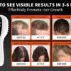 Efektiivne laserteraapia kamm juuksekasvu suurendamiseks | E-pood Tootemaailm Efektiivne laserteraapia kamm juuksekasvu suurendamiseks, valge käepidemega, näidatud koos enne ja pärast fotodega. Pildil on erinevas vanuses inimesed erinevate juustekasvu tulemuste ja ajaga, hallist taustast silma paistva tekstiga 'Expect to see visible results in 3-6 months'.