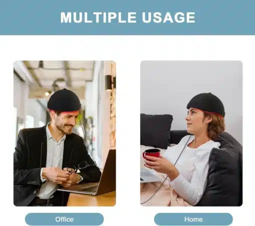 Pilt kahel inimesel, üks mees kontoris sülearvuti taga ja naine kodusel diivanil, mõlemad kasutavad Kvaliteetne LLLT teraapiaseadet kiilanemise vastu. Seade on musta värvi ja seda kantakse peas.