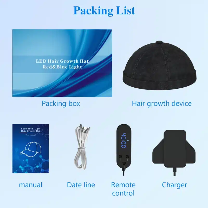 Kvaliteetne LLLT teraapiaseade kiilanemise vastu koosneb mustast seadmekuplist, laadijast, kaugjuhtimispuldist ja kaablist valgel taustal. Lisaks on kaasas kasutusjuhend ja sinine pakendikarp.