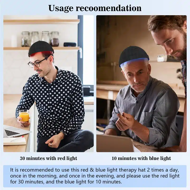 Kaks meest kannavad kvaliteetset LLLT teraapiaseadet kiilanemise vastu. Esimene mees istub köögis, kandes musta teraapiamütsi ja hoides klaasi apelsinimahla. Teine mees istub kontorilaual, kandes sinise valgusega mütsi, olles süvenenud arvutisse.