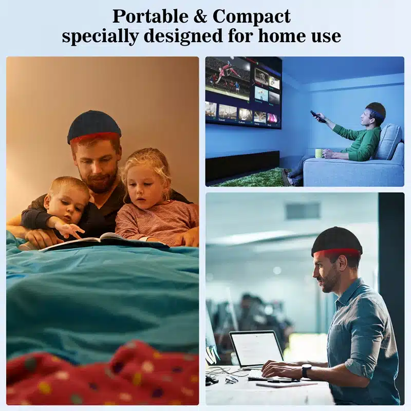 Kollaaž, kus inimesed kasutavad kvaliteetset LLLT teraapiaseadet kiilanemise vastu kodustes tingimustes: isa ja lapsed loevad voodis, mees vaatab televiisorit ja mees töötab arvutiga, kõik erinevates valgustingimustes ja seadmega peas.