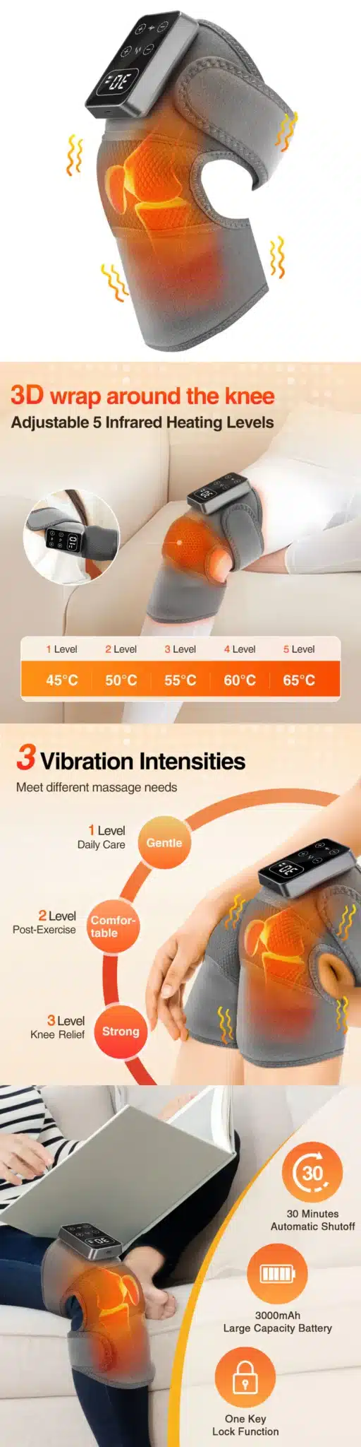 Elektrilise soojendusega massaažiseade liigestele põlve ümber. Seade on halli värvi, materjal elastne ja tagab tiheda istuvuse. Ekraan näitab temperatuuri ja vibratsioonitasemeid, taustal hele diivan.