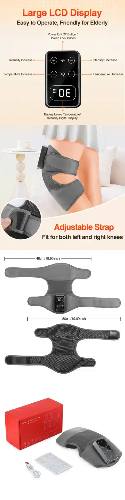 Soodne elektrilise soojendusega massaažiseade liigestele hallis toonis koos suure LCD ekraaniga, mis kuvab temperatuuri ja intensiivsuse seadeid. Seadme rihm on reguleeritav ja sobib mõlemale põlvele. Kompaktne ja mugav kanda, pildil ka seadmepakend karbis ja laadimiskaabel.