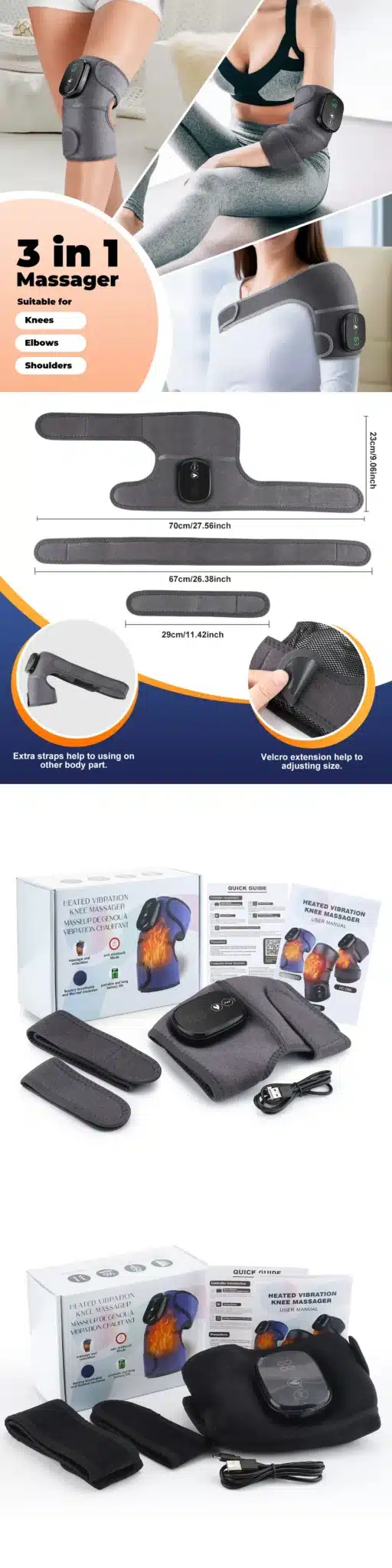 Elektrooniline elektrilise soojendusega massaažiseade liigeste jaoks, mis on kinnitatud põlvele ja käsivarrele. Seade on musta värvi ja sellel on selge digitaalne ekraan. Taustal on inimesed treeningriietes, istuvad heledal diivanil.