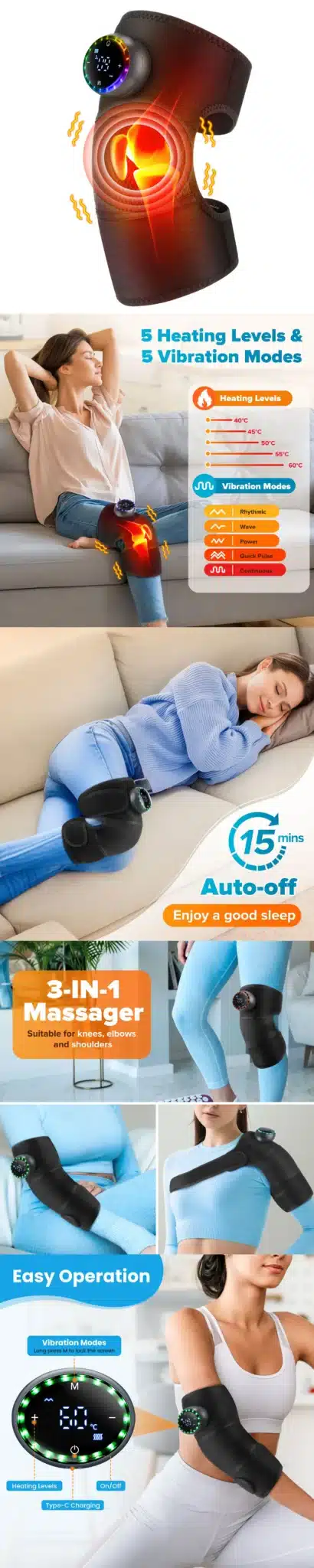 Elektriline soojendusega massaažiseade, mis on kinnitatud inimese põlvele, levitades soojust ja pakkudes vibratsioonimassaaži. Seade on musta värvi ning sellel on digitaalne ekraan erinevate seadete kuvamiseks. Taustal heledas interjööris mugavalt lõõgastuv inimene.