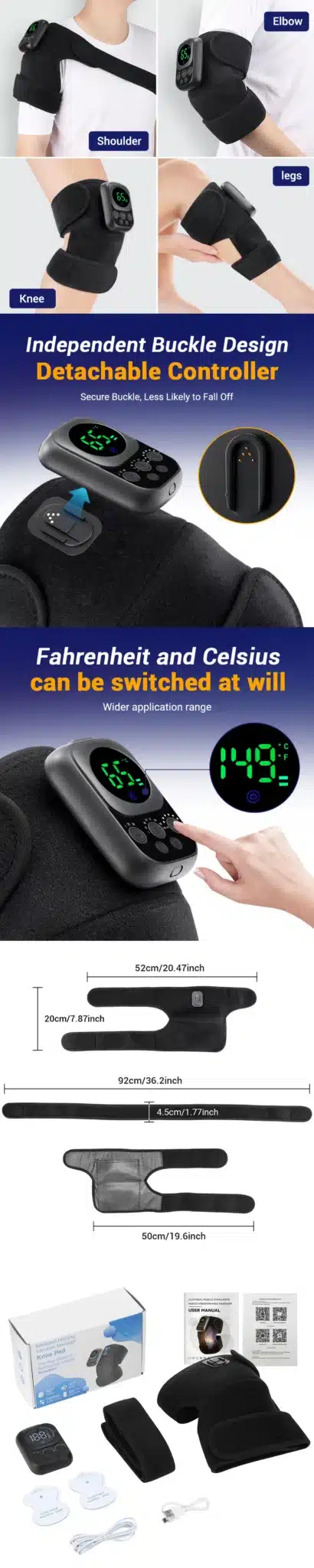 Mitmekülgne elektrilise soojendusega massaažiseade liigestele, mida saab kasutada õlal, küünarnukil, põlvel ja jalgadel. Seade on musta värvi, pakub temperatuuri valikuvõimalusi ning lihtsat kinnitust.