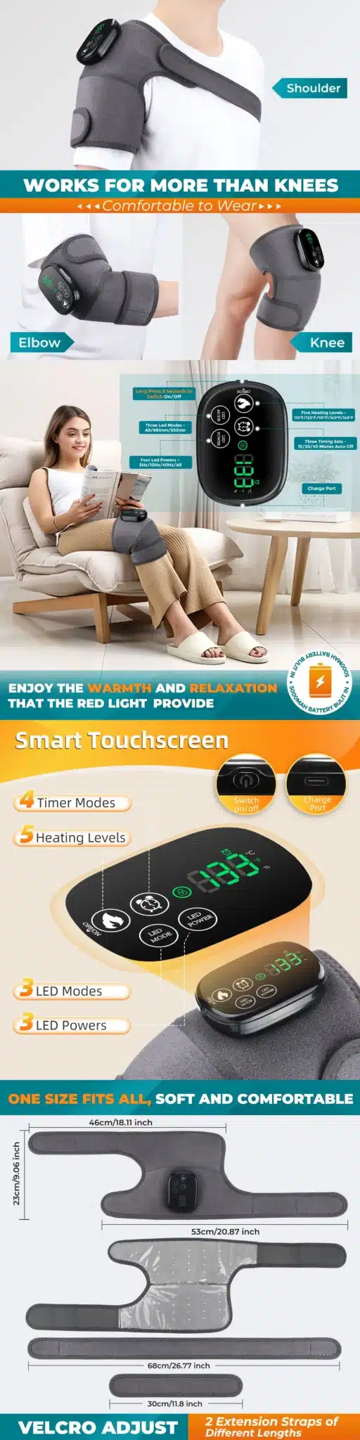 Soodne elektrilise soojendusega massaažiseade liigestele, halli ja musta värvi, kantaval rajatisel. Seade sobib erinevatele kehaosadele nagu põlved, küünarnukid ja õlad. Näha on ka modernne puutetundlik ekraan, mis võimaldab seadistusi hallata. Mugav ja kandmiseks kohanduv materjal pakub mitmekülgset kasutust hubases kodukeskkonnas.