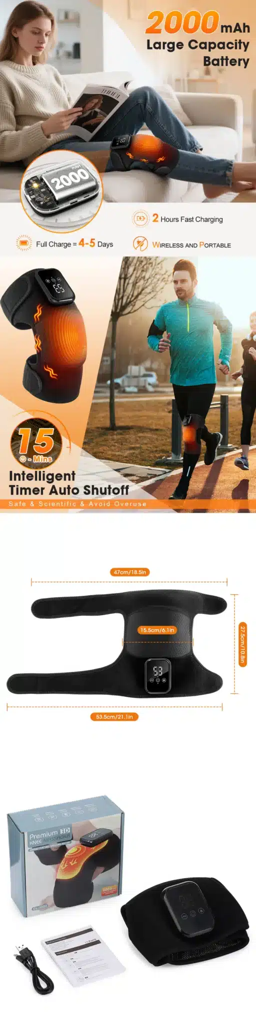 Soodne elektrilise soojendusega massaažiseade liigestele. Pildil noor naine kodus diivanil istumas, lugemas raamatut ja kasutades musta värvi massaažiseadet põlvel. Taustal hele elutoa sisustus. Massaažiseade on kerge ja kaasaskantav, koos digitaalse ekraani ja reguleeritavate rihmadega.