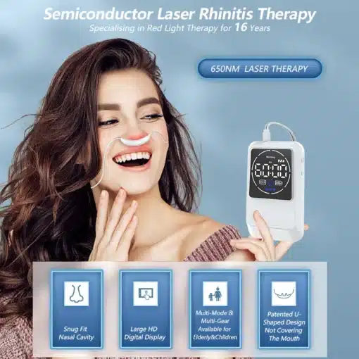 Biovalgusteraapia seade kroonilise nohu raviks | E-pood Tootemaailm Naine naeratab, kasutades biovalgusteraapia seadet kroonilise nohu raviks. Seade koosneb ninale paigaldatud valgusproovist ja väikese digitaalekraani ning nuppudega juhtseadmest. Taustal on hägune ja neutraalne värvitoon, mis aitab seadmel silma paista.