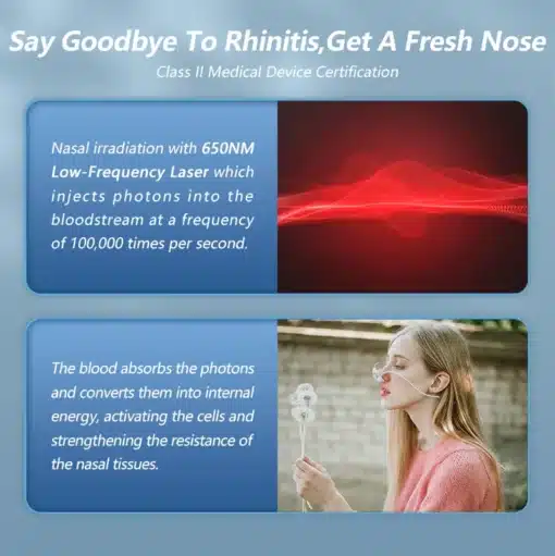 Biovalgusteraapia seade kroonilise nohu raviks | E-pood Tootemaailm Biovalgusteraapia seade kroonilise nohu raviks, näidatud laserkiirguse efektiga ninas ja naine kasutamas seadet õues võilillede lähedal.