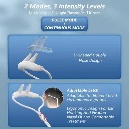 Biovalgusteraapia seade kroonilise nohu raviks | E-pood Tootemaailm Biovalgusteraapia seade kroonilise nohu raviks. Seade on valget värvi U-kujulise topeltdisainiga ja reguleeritava kinnitusega. Taust on sinine, kusjuures seadme üks ots on ühendatud juhtme külge.