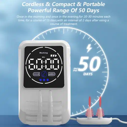 Biovalgusteraapia seade kroonilise nohu raviks | E-pood Tootemaailm Valge Biovalgusteraapia seade kroonilise nohu raviks, millel on digitaalne ekraan ja taust sinises toonis, kuvades numbrit 50, mis viitab selle kasutusajale.