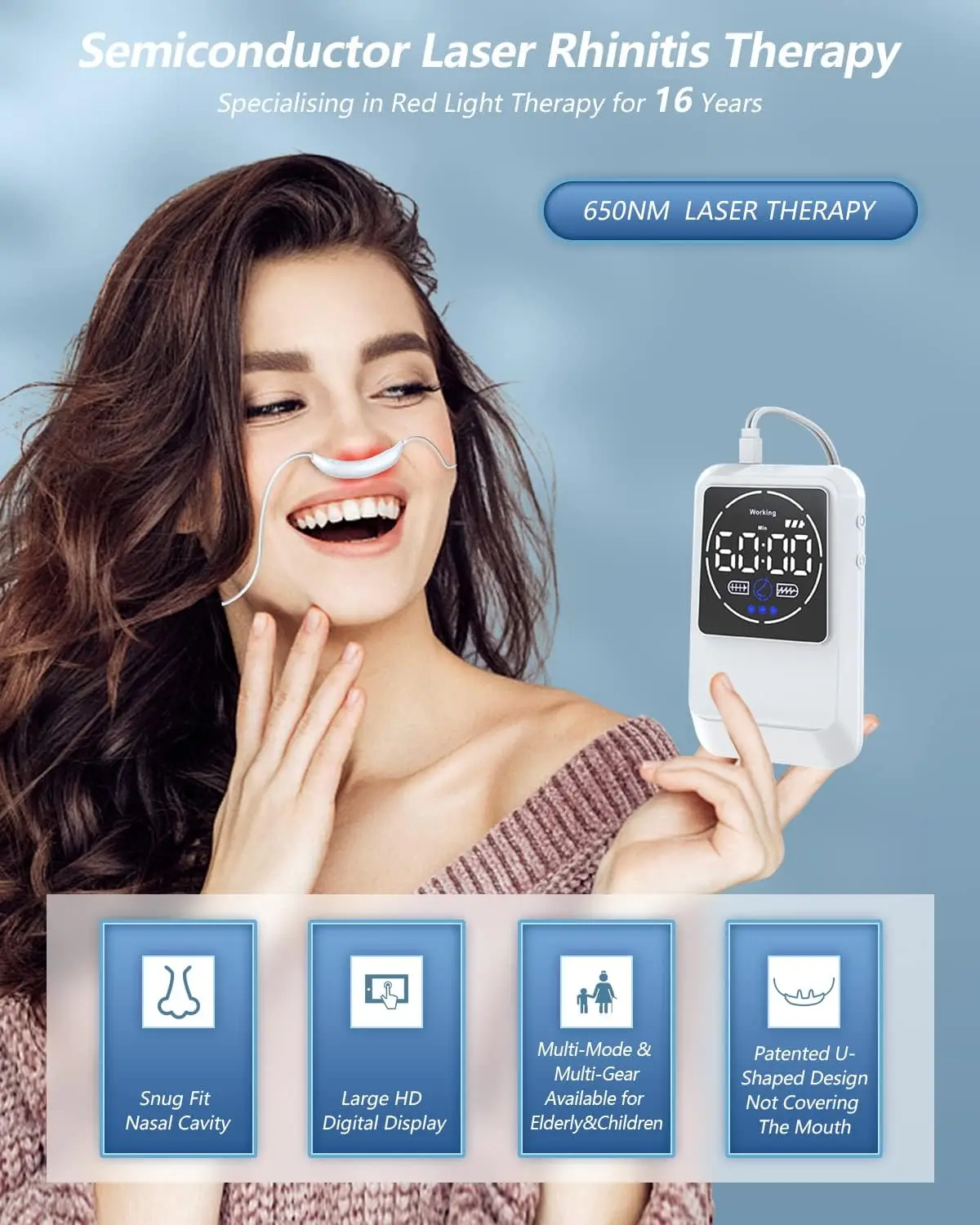 Naeratav naine kasutab Biovalgusteraapia seadet kroonilise nohu raviks, hoides käes seadet, millel on digitaalne ekraan. Seade on ühendatud ninakäigu liidesega ja taust on sinine.