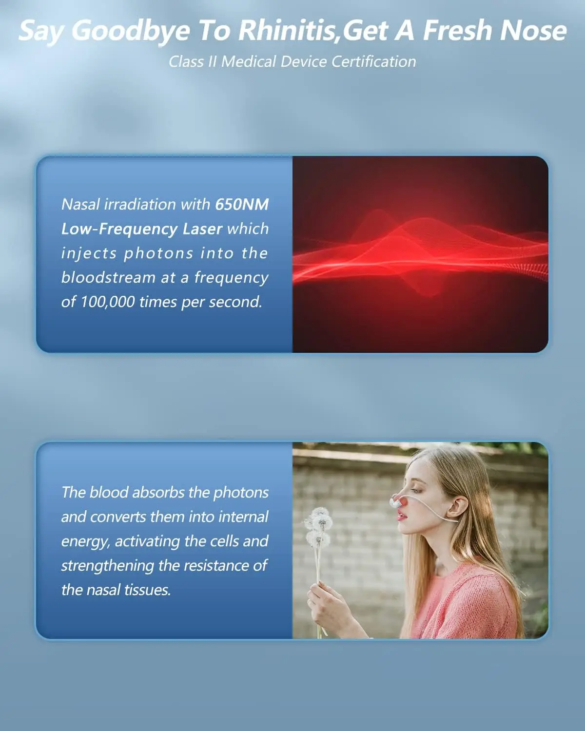 Biovalgusteraapia seade kroonilise nohu raviks, näitab tegelast väljaspool looduses, kasutades fototeraapia seadet ninas, sügavad punased valguskiired laserist illustreerimaks ravi efektiivsust.