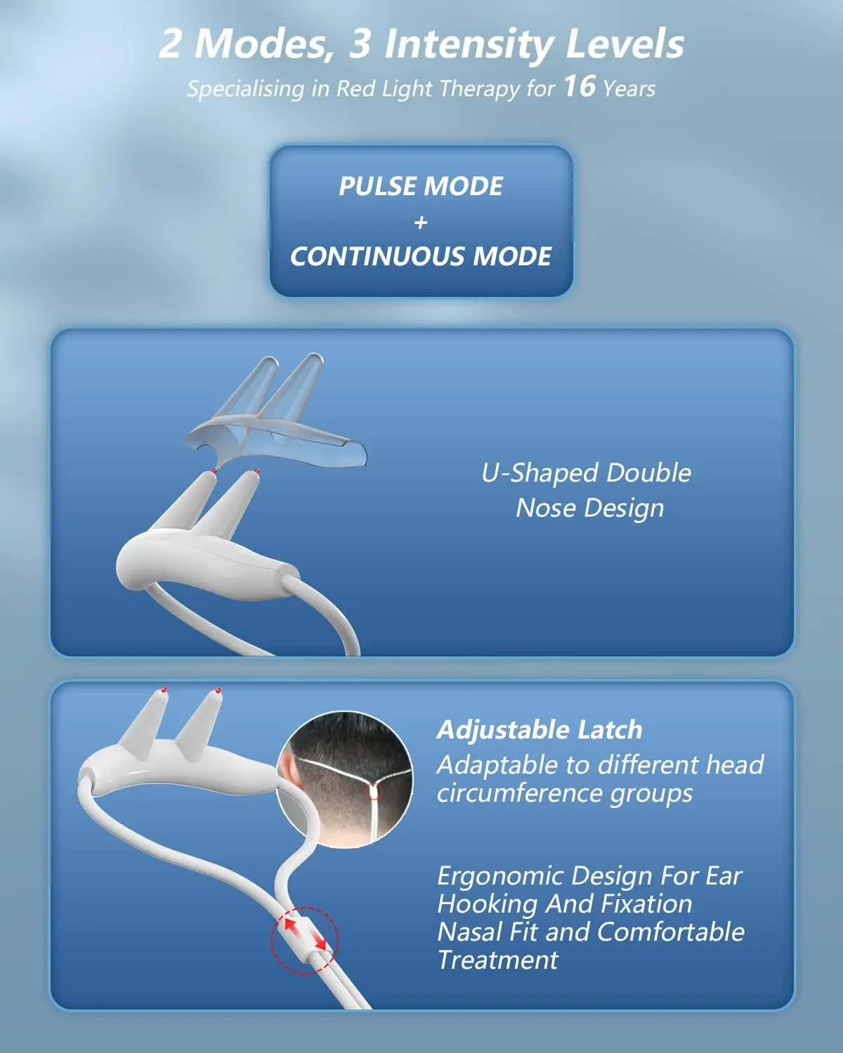 Biovalgusteraapia seade kroonilise nohu raviks koosneb U-kujulise topelt-nina disainiga ja reguleeritava kinnitusega, et sobituda erinevate peaümbermõõtudega. Pilt näitab valget seadet pehmel sinisel taustal, rõhutades kahte režiimi: impulss- ja pidevrežiim.