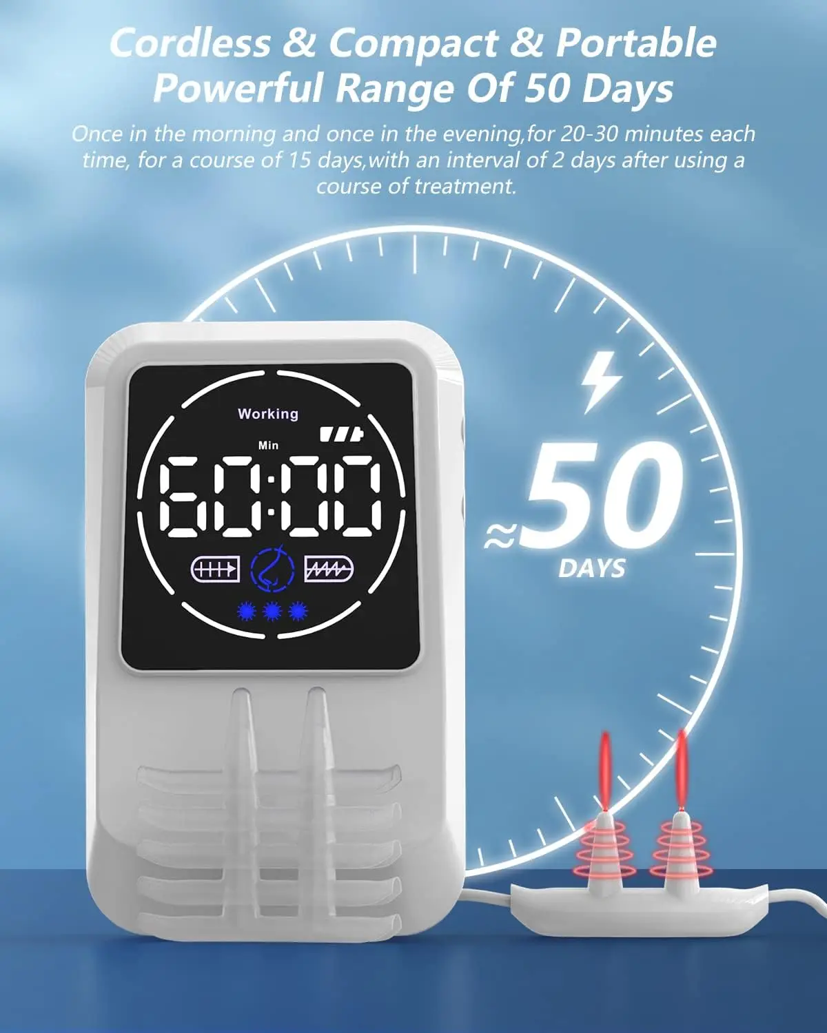 Biovalgusteraapia seade kroonilise nohu raviks, kompaktne valge korpus, digitaalne ekraan näitab 60:00, taustal sinine taevas ja kella motiiv, pikendusjuhe ja kaks punase tulukesega pistikut esiplaanil.