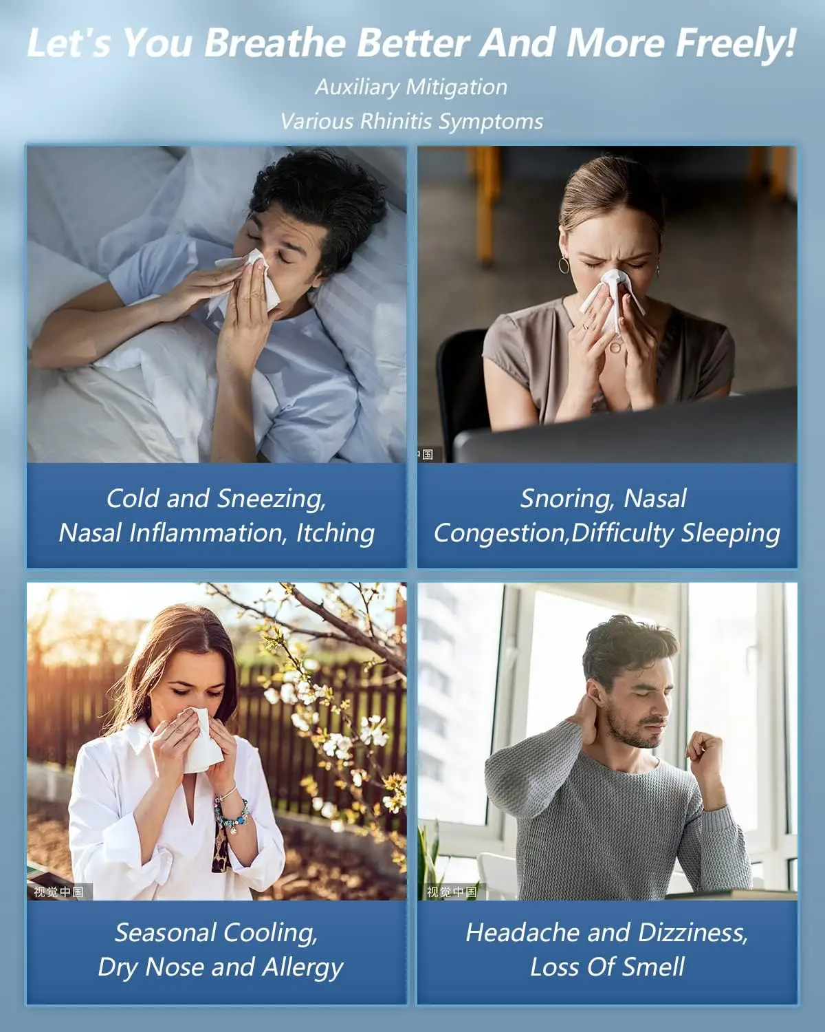 Neli erinevat inimest siseruumides ja väljas, kes kasutavad Biovalgusteraapia seadet kroonilise nohu sümptomite, nagu aevastamine ja ninakinnisus, leevendamiseks.