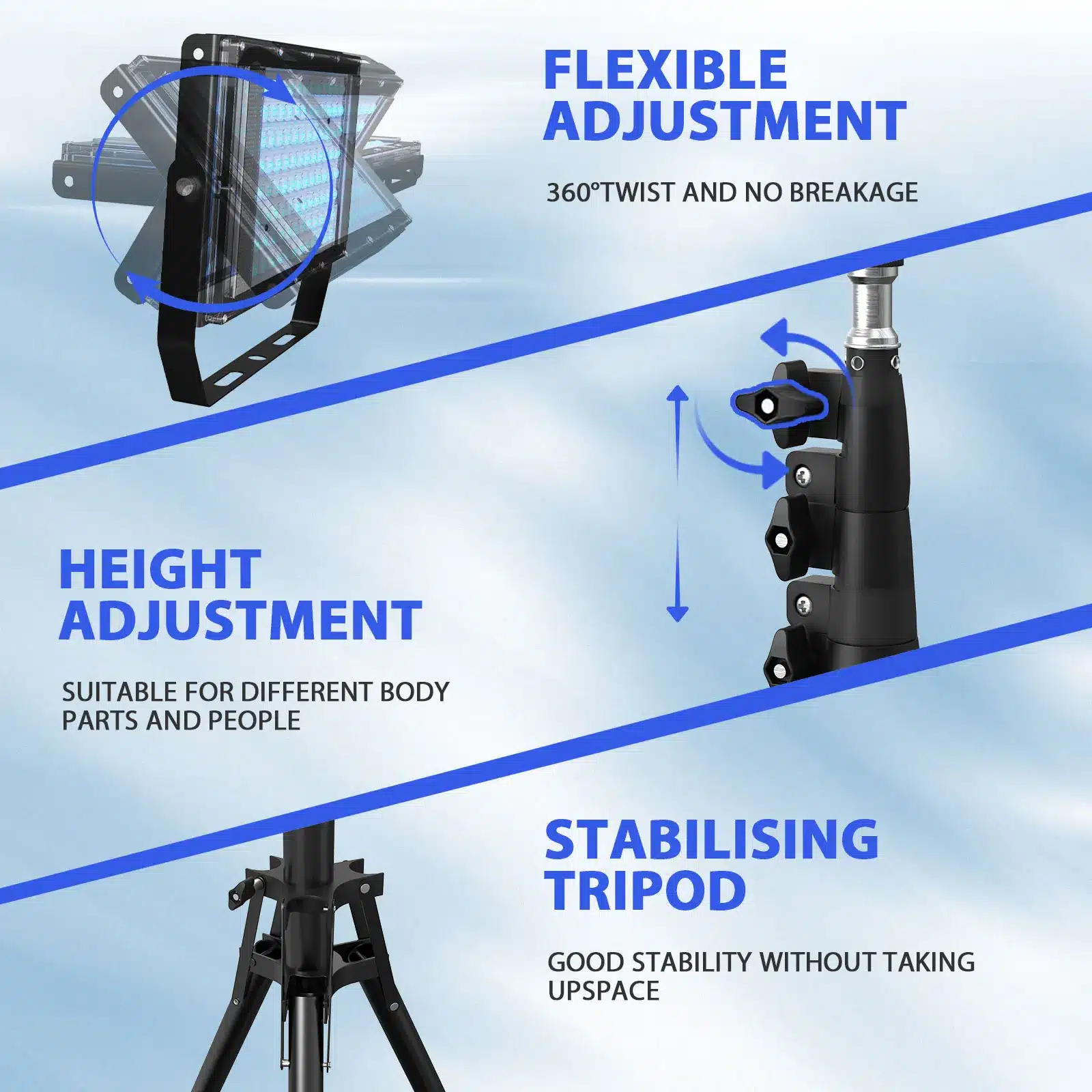 Kvaliteetne UV päevituslamp mitmekülgse, painduva reguleerimise, kohandatava kõrguse ja stabiilse statiivi funktsioonidega, sinise taustaga.