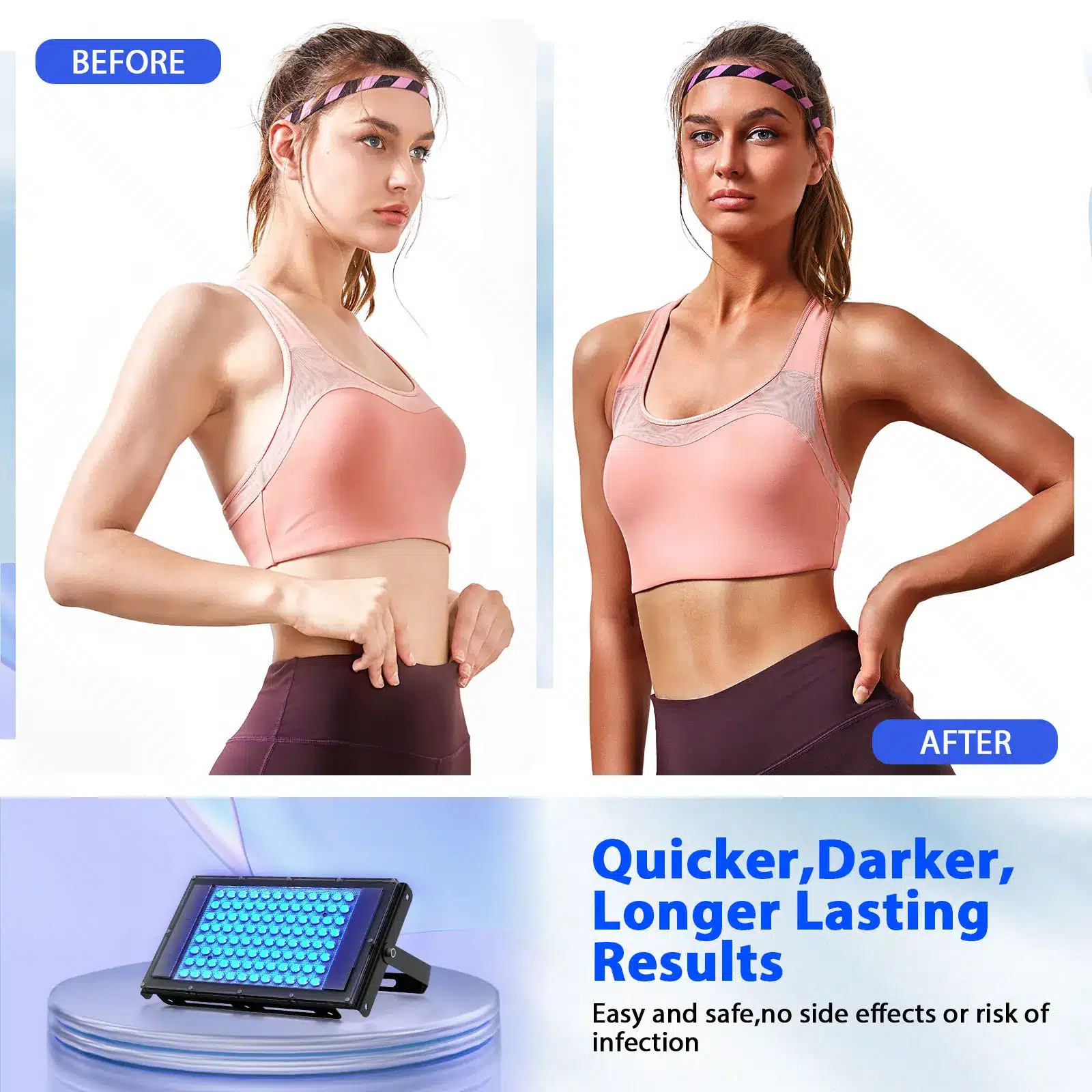 Kahe foto kollaaž, mis näitab enne ja pärast tulemusi pärast UV päevituslambi kasutamist. Pildil on noor naine heleda nahaga, kes kannab roosat spordirinnahoidjat ning lillat peapaela. Alumises osas on sinakat värvi UV päevituslamp. Taust on heledates toonides.