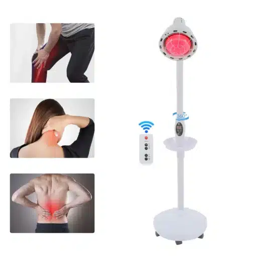 Võimas infrapuna füsioteraapia lamp valu leevendamiseks | E-pood Tootemaailm Võimas infrapuna füsioteraapia lamp koos reguleeritava alusega valu leevendamiseks, kõrval inimene kasutamas lampi põlve, kaela ja alaselja piirkondadele. Valge ja punane pirn, kaugjuhtimispult esiplaanil.