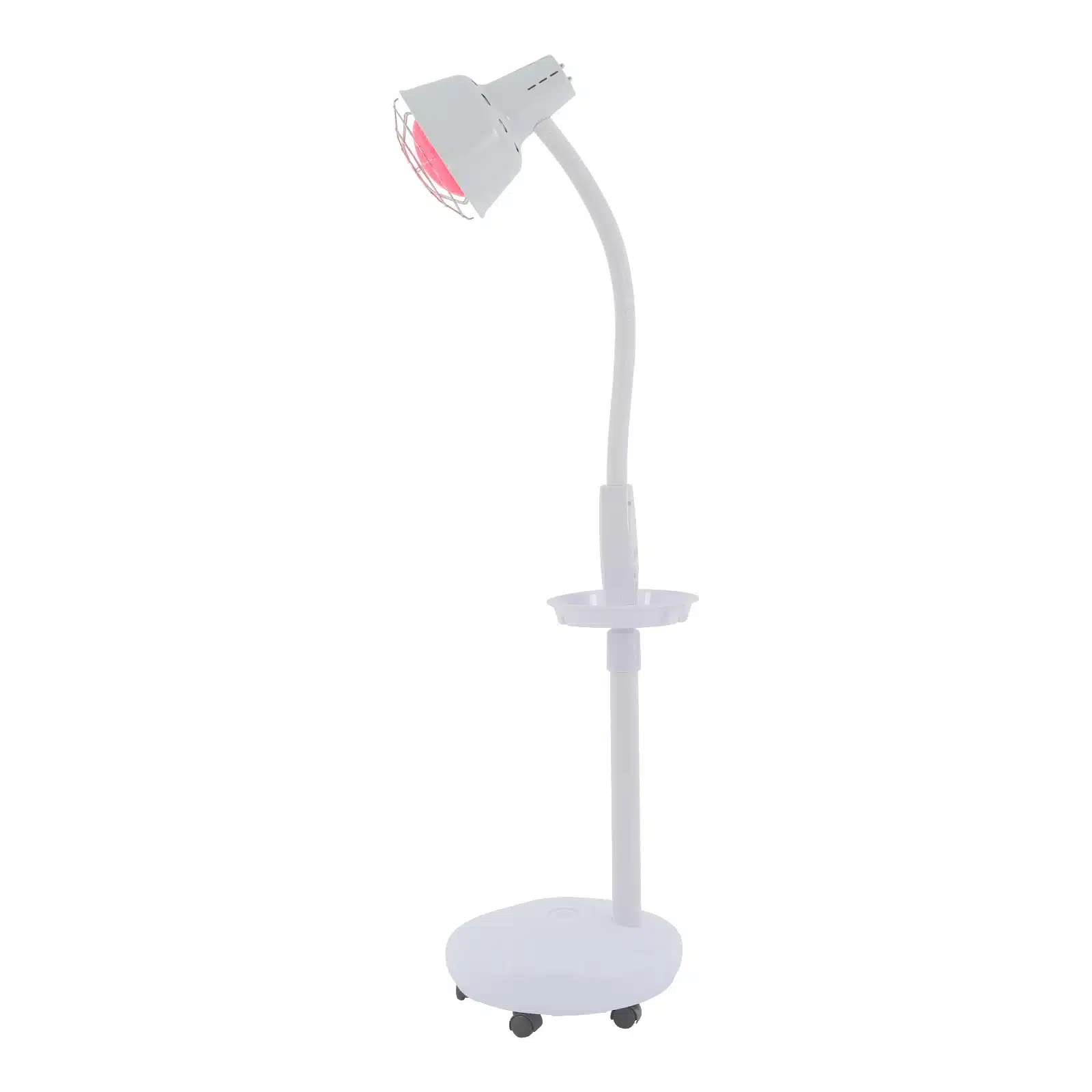 Valge võimas infrapuna füsioteraapia lamp valu leevendamiseks, elegantsel ja reguleeritaval varrel, asetseb neutraalsel taustal.